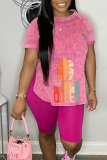 Casual Print Patchwork O Neck Short Sleeve Two Pieces