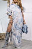 Casual Print Patchwork Slit O Neck Long Dresses