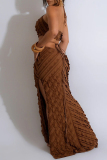 White Cross Halter V Neck Cutout Ruffle Side Thigh Slit Vacation Party Fishtail Maxi Dresses