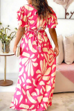 Casual Print Patchwork Slit O Neck Long Dresses