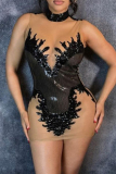 Sexy Hollowed Out Sequins Patchwork See-through Mandarin Collar Wrapped Skirt Dresses