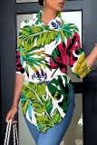Casual Print Patchwork Slit Shirt Collar Tops