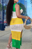 Elegant Color Block Hollowed Out Patchwork Slit O Neck Long Dresses