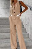 Casual British Style Solid Buttons Fold Asymmetrical V Neck Sleeveless Two Pieces
