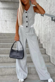 Casual British Style Solid Buttons Fold Asymmetrical V Neck Sleeveless Two Pieces