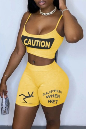 Casual Letter Print Backless Spaghetti Strap Sleeveless Two Pieces