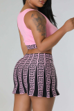 Sweet Print Patchwork U Neck Sleeveless Two Pieces