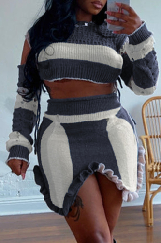 Casual Patchwork Hollowed Out Asymmetrical Contrast O Neck Long Sleeve Two Pieces