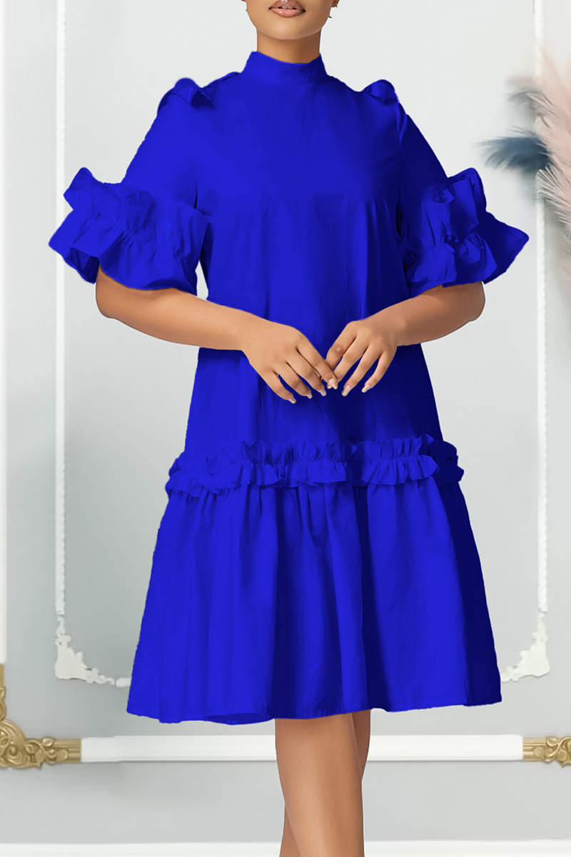 Casual Dot Buckle Basic Mandarin Collar A Line Dresses