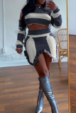 Casual Patchwork Hollowed Out Asymmetrical Contrast O Neck Long Sleeve Two Pieces