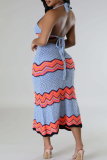 Sweet Striped Bandage Hollowed Out Patchwork Backless Halter Sleeveless Two Pieces