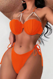 Sexy Solid Bandage Patchwork Backless Pearl Swimwears (With Paddings)
