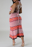 Sweet Striped Bandage Hollowed Out Patchwork Backless Halter Sleeveless Two Pieces