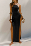 Sexy Backless Strap Design Bikini Side Slit Cover Up Mesh Dress Beach Vacation Swimwears
