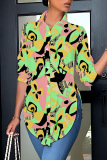 Casual Print Patchwork Slit Shirt Collar Tops