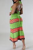 Sweet Striped Bandage Hollowed Out Patchwork Backless Halter Sleeveless Two Pieces