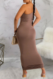 Elegant Solid Hollowed Out Patchwork Backless Asymmetrical Collar Long Dresses