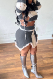 Casual Patchwork Hollowed Out Asymmetrical Contrast O Neck Long Sleeve Two Pieces