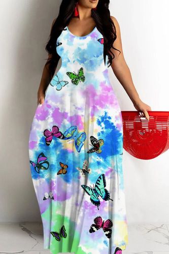 Sexy Print Backless Spaghetti Strap Long Dresses