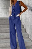 Casual British Style Solid Buttons Fold Asymmetrical V Neck Sleeveless Two Pieces
