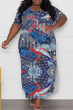 Casual Print Slit O Neck Long Plus Size Dresses