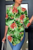 Casual Print Patchwork Slit Shirt Collar Tops