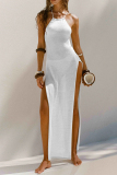 Sexy Backless Strap Design Bikini Side Slit Cover Up Mesh Dress Beach Vacation Swimwears