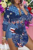 Casual Print Patchwork Slit Shirt Collar Tops