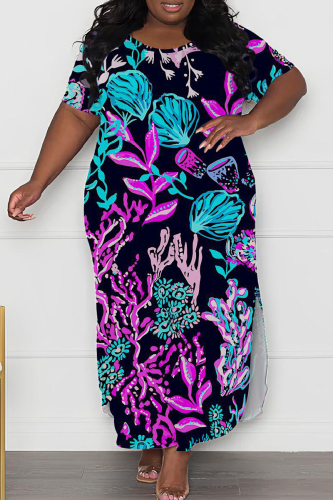 Casual Print Slit O Neck Long Plus Size Dresses