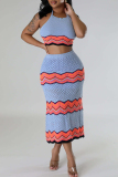 Sweet Striped Bandage Hollowed Out Patchwork Backless Halter Sleeveless Two Pieces