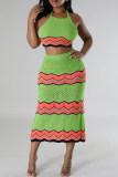 Sweet Striped Bandage Hollowed Out Patchwork Backless Halter Sleeveless Two Pieces