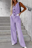 Casual British Style Solid Buttons Fold Asymmetrical V Neck Sleeveless Two Pieces