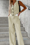 Casual British Style Solid Buttons Fold Asymmetrical V Neck Sleeveless Two Pieces