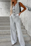 Casual British Style Solid Buttons Fold Asymmetrical V Neck Sleeveless Two Pieces