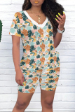 Casual Print Patchwork V Neck Short Sleeve Two Pieces