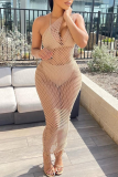 Sexy Solid Hollowed Out See-through Backless Bikini Sets Cover Up Mesh Dress Beach Vacation Swimwears