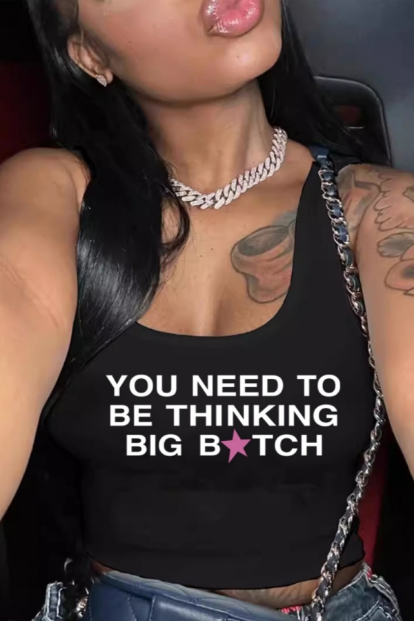 Casual Letter Print Vests U Neck Tops