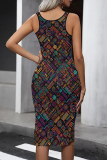Vintage Print Patchwork U Neck Wrapped Skirt Dresses
