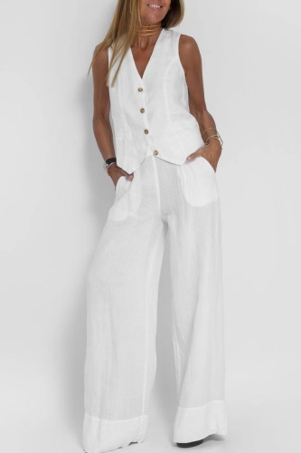 Casual Solid Buttons V Neck Sleeveless Two Pieces