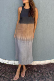 Casual Gradient Slit O Neck Long Dresses