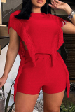 Casual Solid Tassel Patchwork O Neck Two Pieces
