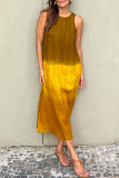 Casual Gradient Slit O Neck Long Dresses