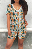 Casual Print Patchwork V Neck Short Sleeve Two Pieces