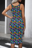 Vintage Print Patchwork U Neck Wrapped Skirt Dresses