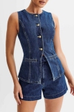 Deep Blue Denim Casual Solid Patchwork Buttons Up O Neck Sleeveless Tops Shorts Two Piece Sets