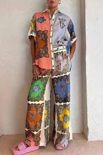Casual Print Buttons Shirt Collar Half Sleeve Two Pieces