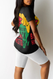 Casual Figure Letter Love Print Contrast O Neck Short Sleeve Two Pieces
