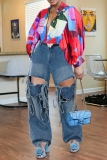 Casual Solid Hollowed Out Patchwork High Waist Regular Denim Jeans