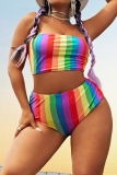 Sexy Striped Print Backless Strapless Plus Size Swimwear (With Paddings)