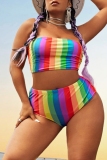 Sexy Striped Print Backless Strapless Plus Size Swimwear (With Paddings)